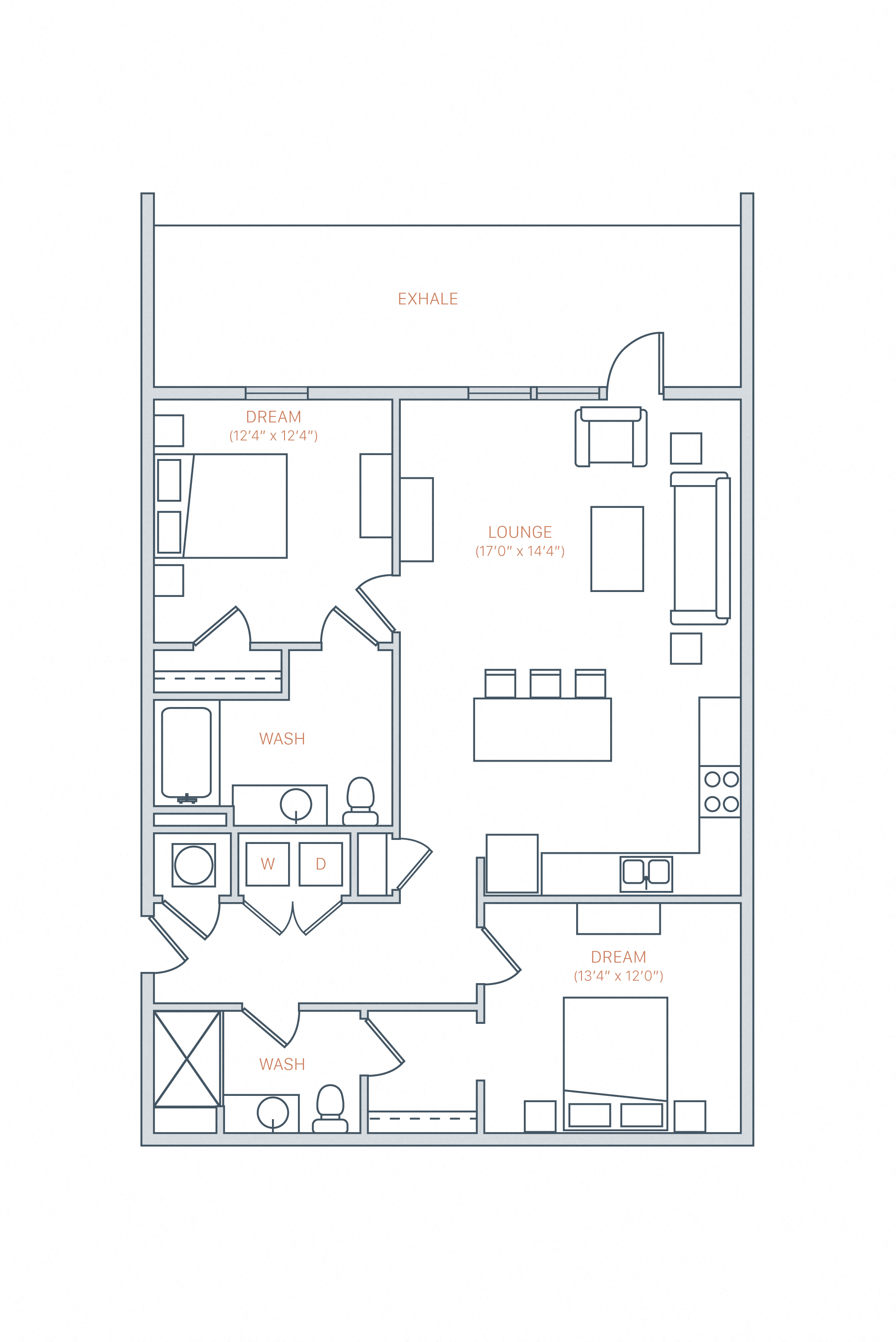 Floor plan for 2 beds, 2 baths, 1045 sqft